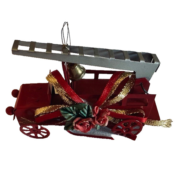 VTG Metal Red Fire Truck w/Ladder Flower Bow Ornament Christmas Holiday - Picture 1 of 14